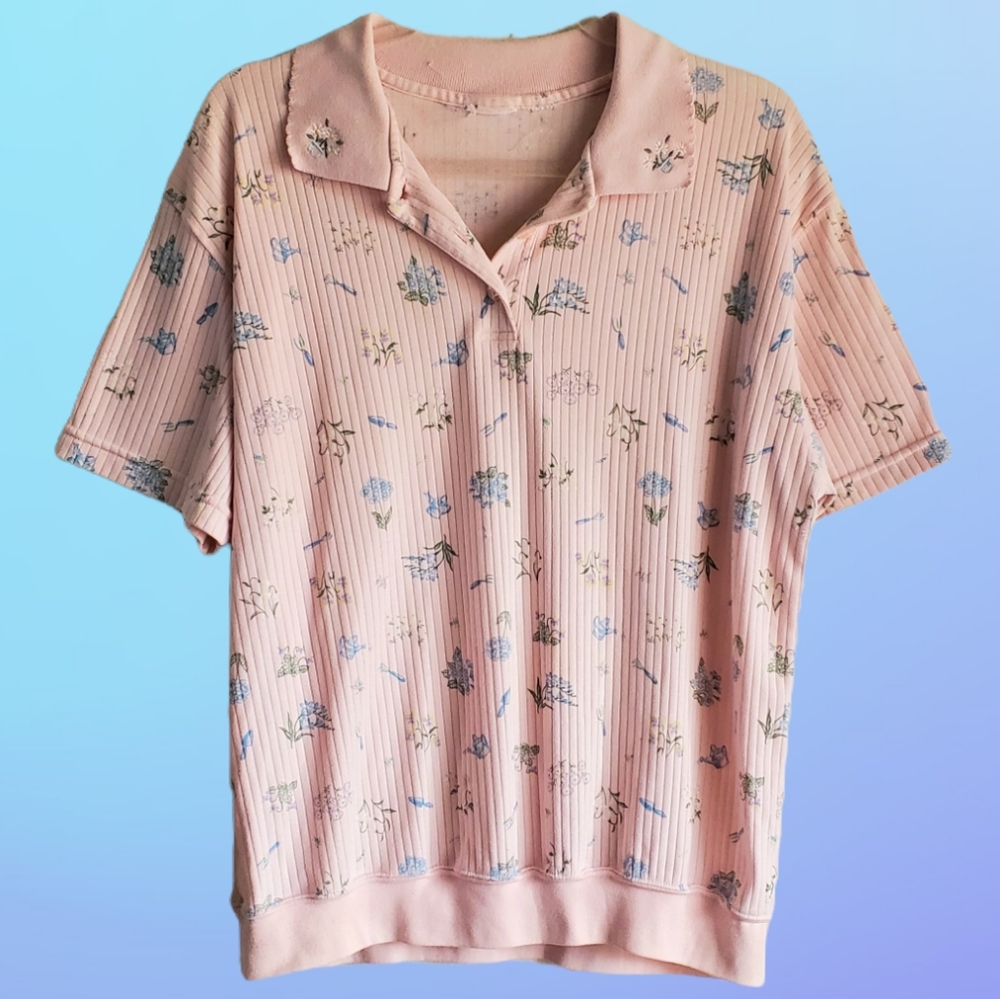 💐Vintage Pastel Pink Floral Collared Tee💐